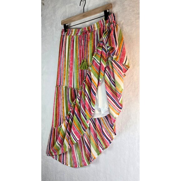 Boho Maxi Skirt Tiered Ruffle Colorful Sz L Gypsy Blu Vertical Hippie Cottage - Picture 10 of 13